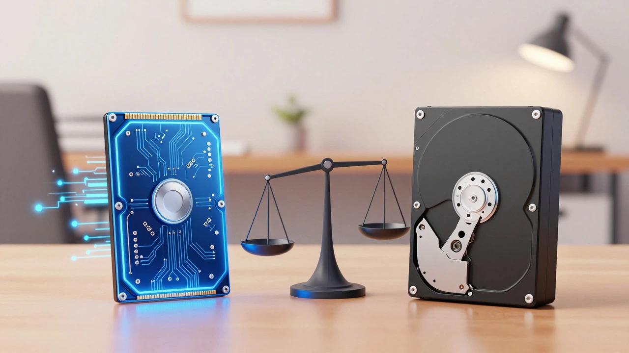 Comparison graphic of an SSD and HDD with a scale tipping toward the cheaper HDD.