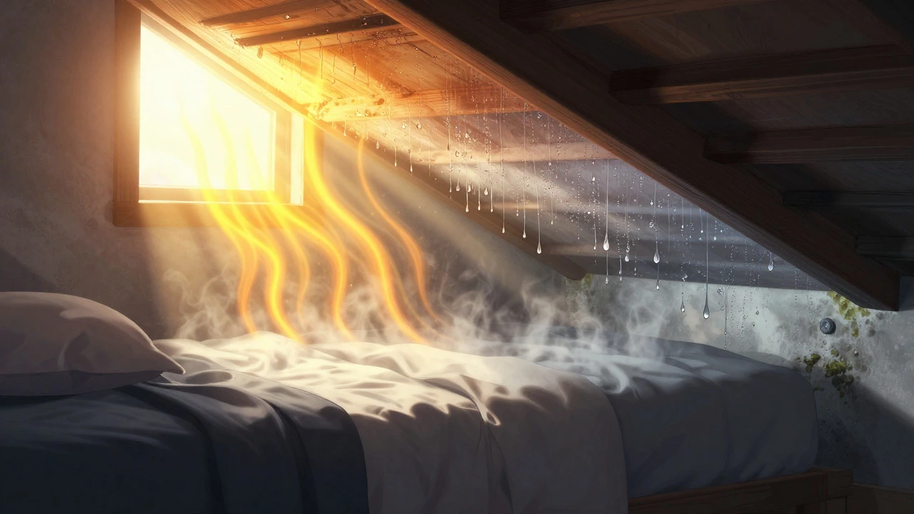 Cross-section showing heat and condensation problems in a loft room