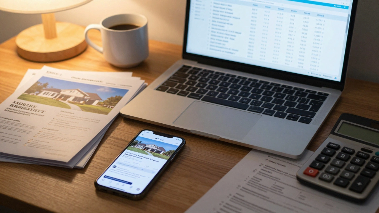 Desk split between warm residential brochures and cool commercial financial spreadsheets, highlighting different skill sets.