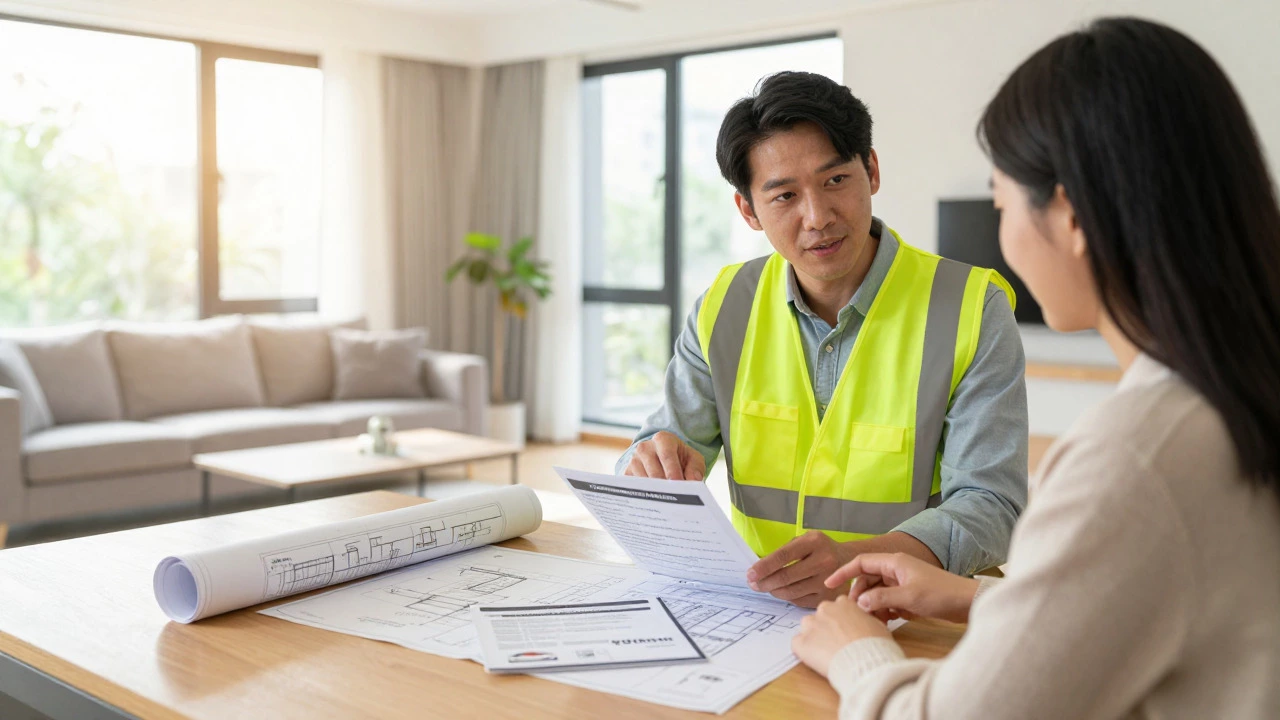 Engineer reviewing documents with homeowner, representing professional assessment and warranties.