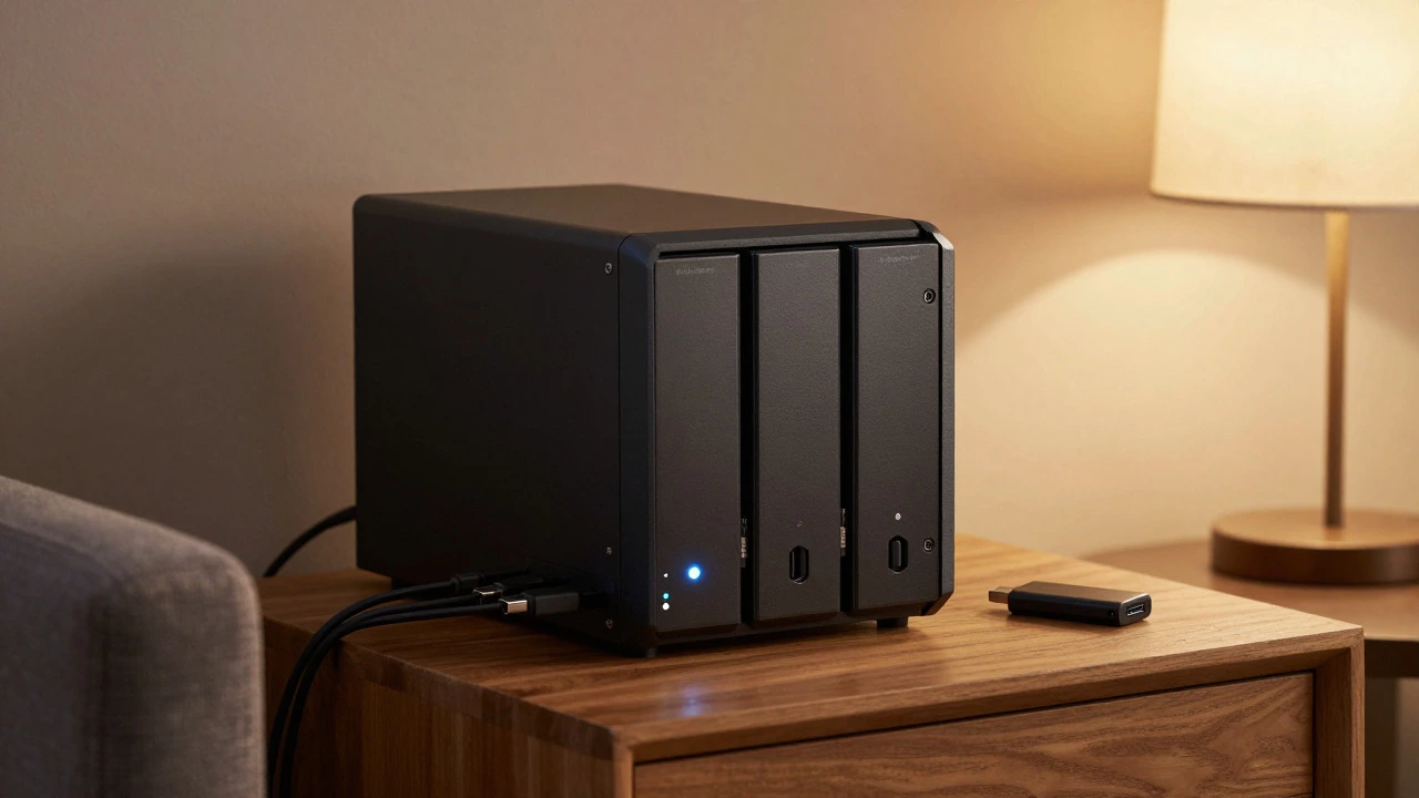 Home server with multiple hard drives next to an unused USB stick in a living room.