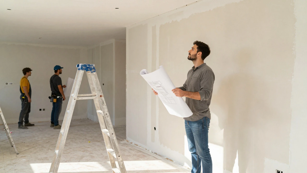 Homeowner reviewing plans in a partially painted living room