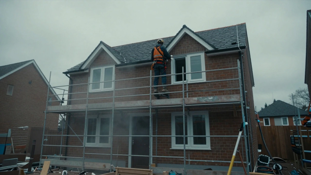 House exterior with scaffolding and workers building a dormer window