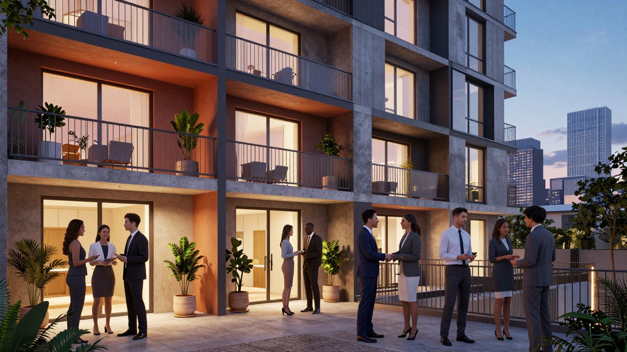 Hybrid apartment building blending residential warmth with commercial architecture, with professionals networking nearby.