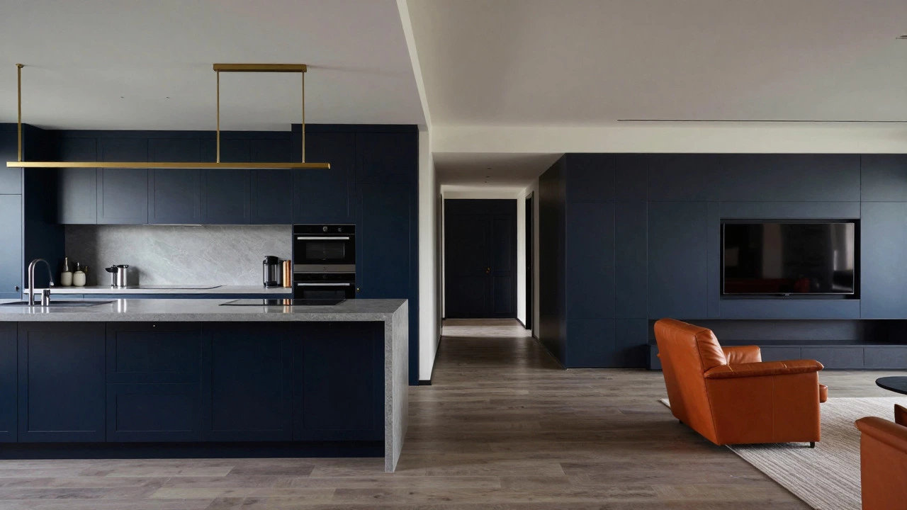 Open plan home with navy kitchen and orange chair illustrating consistent design ratio