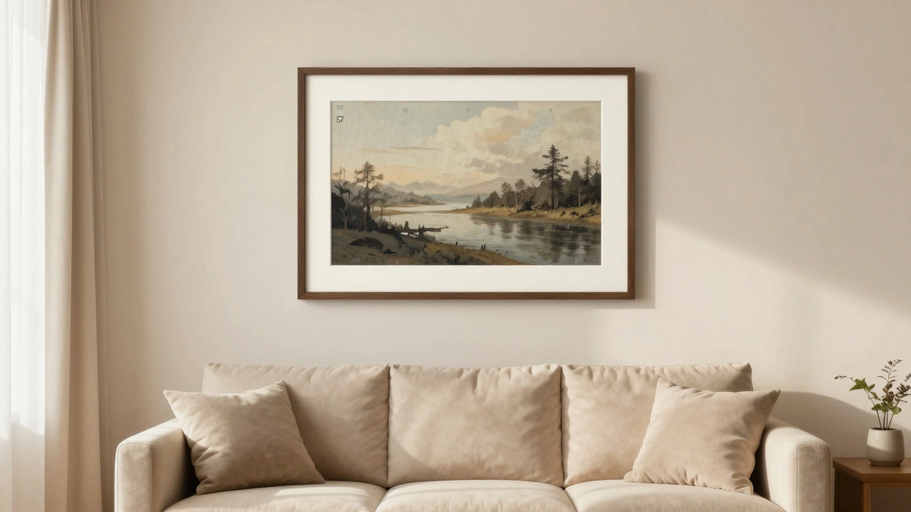 Perfectly hung picture above a sofa in a well-lit room