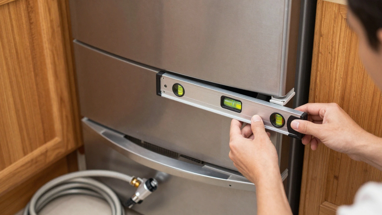 Person leveling a new refrigerator in a modern kitchen