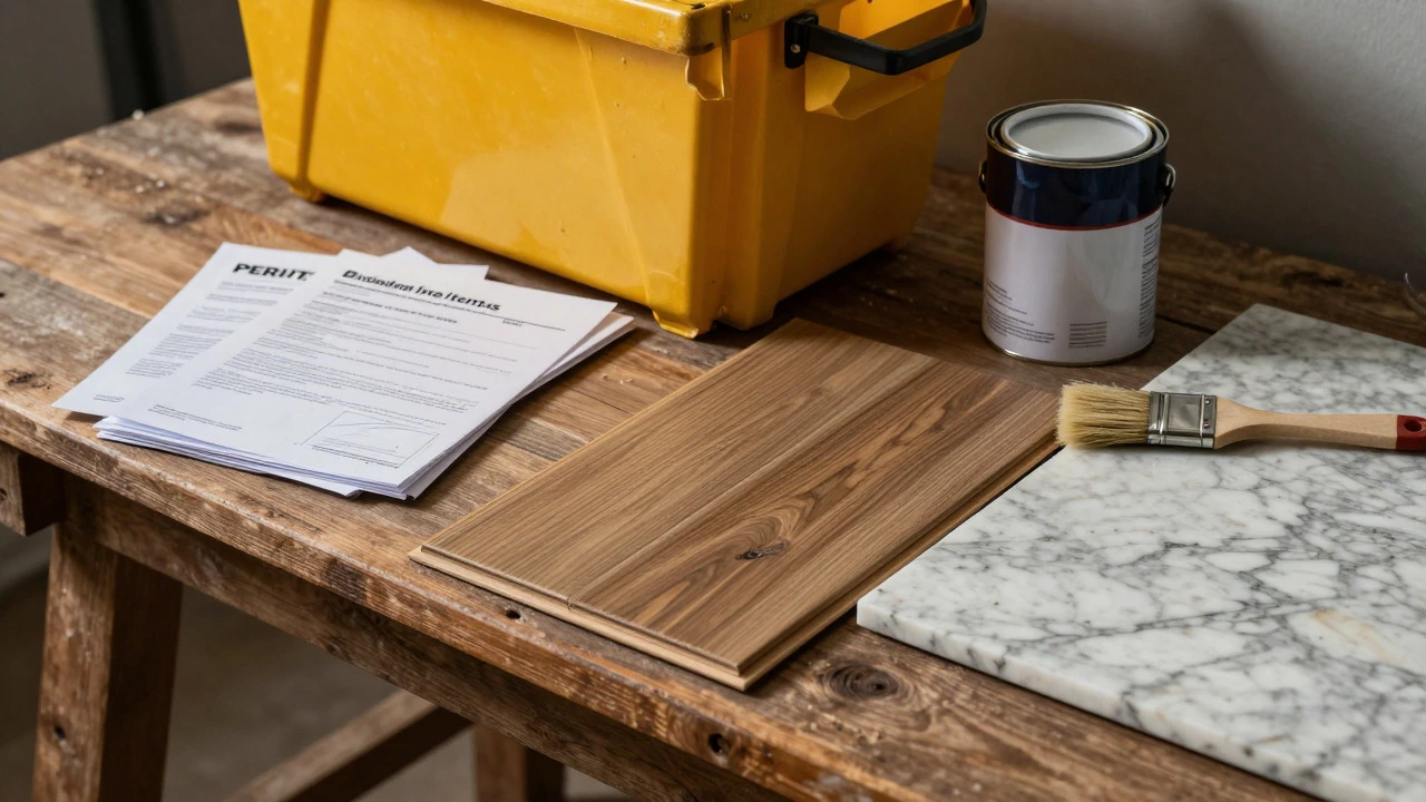 Renovation materials and permits on a workbench showing costs