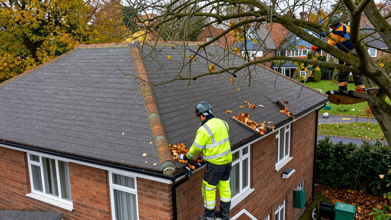 Roofer inspecting gutters and trimming trees near a UK home in autumn
