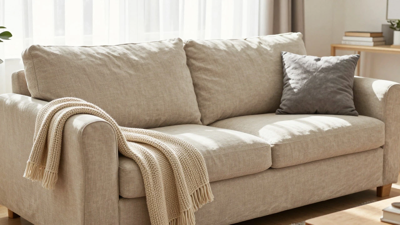 Slipcovered linen sofa with knit throws in a cozy family living room