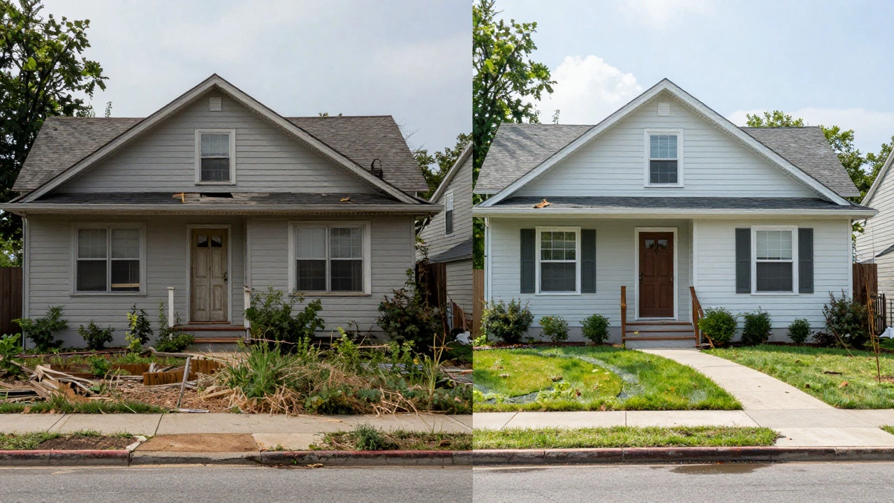 Split view of neglected vs repaired home exterior, highlighting value preservation through maintenance.
