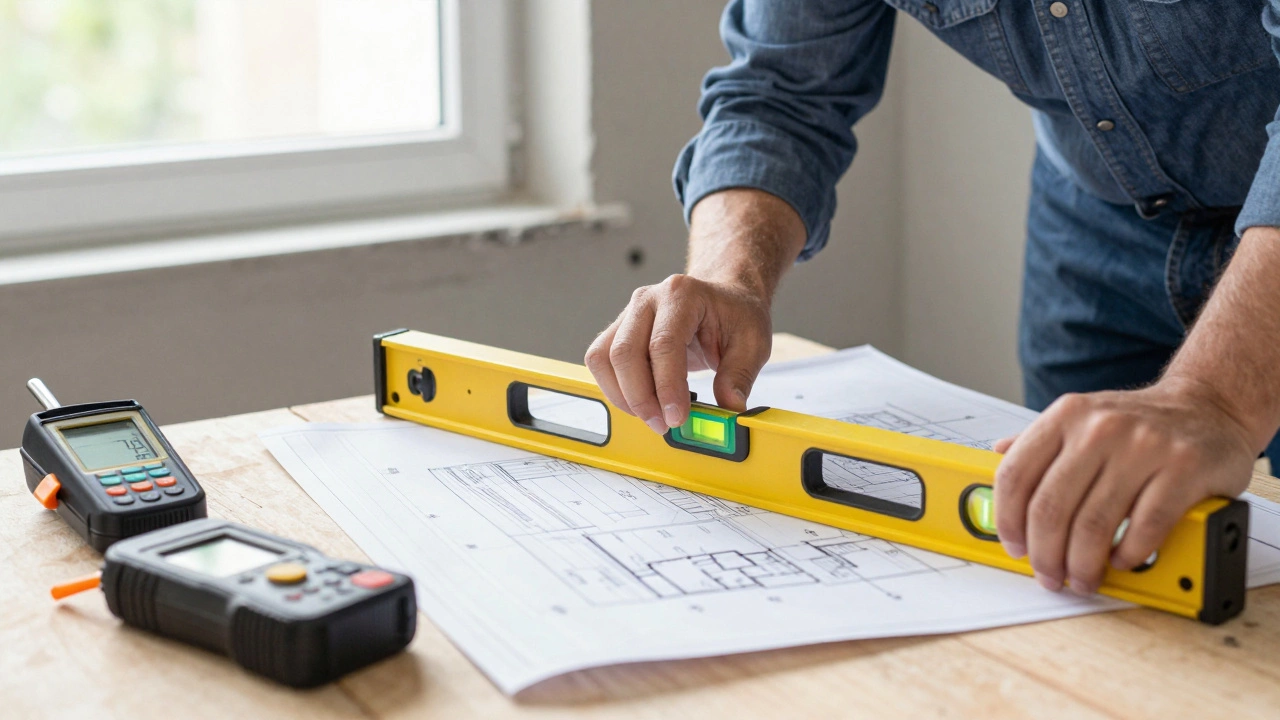 Structural engineer measuring a bowing wall with professional tools