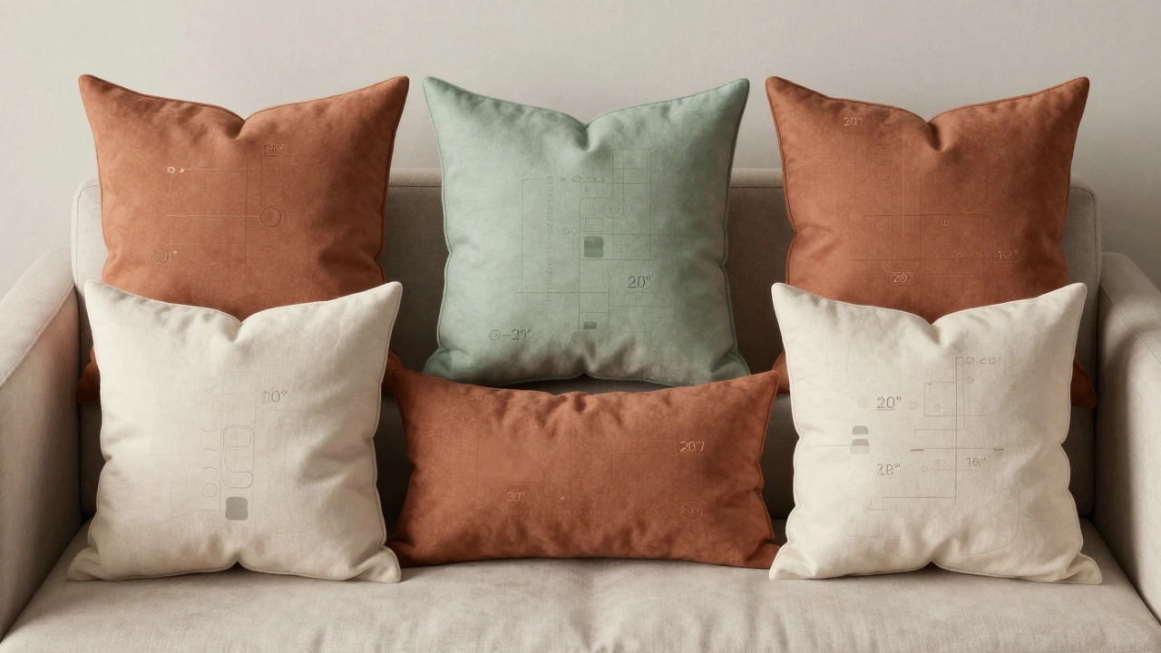 Top-down view of five throw pillows arranged in a symmetrical 2-2-1 pattern on a sofa
