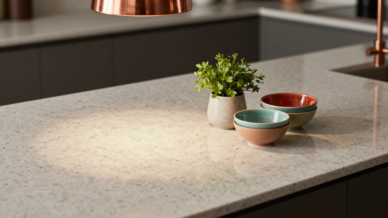 Uncluttered kitchen counter with copper light and colorful accents demonstrating visual weight