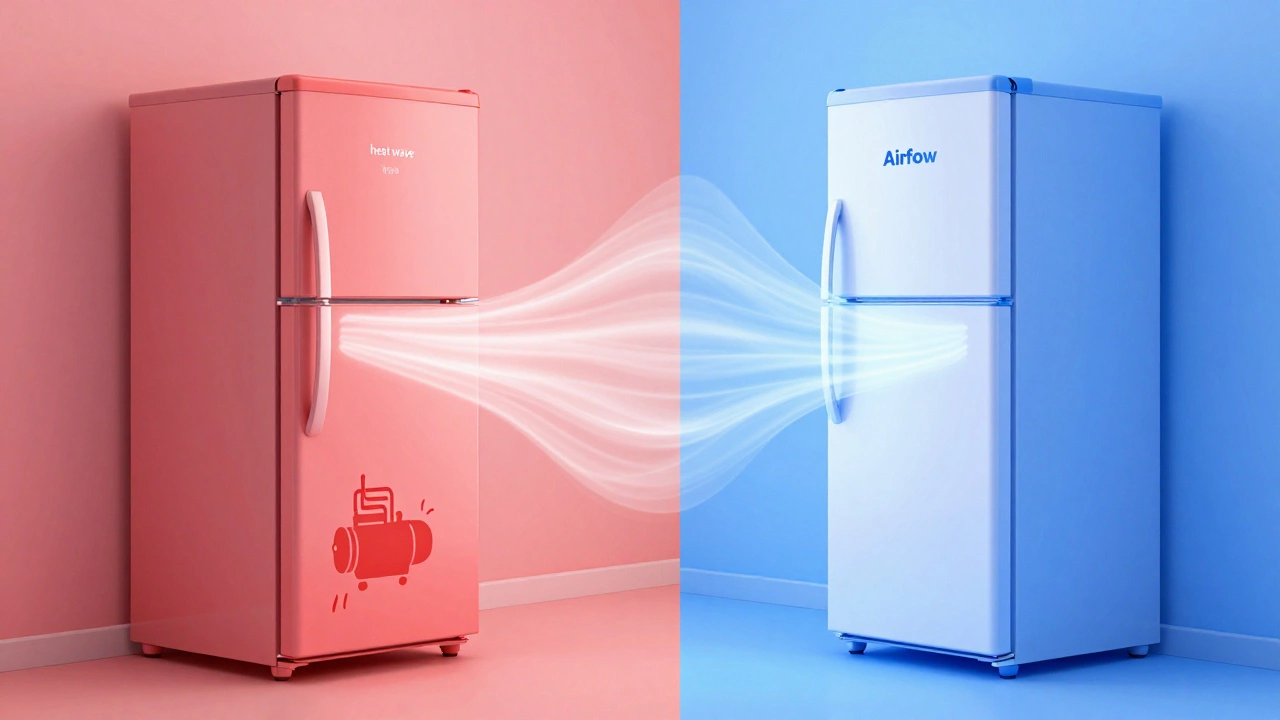Visual comparison of fridge heat buildup vs proper airflow