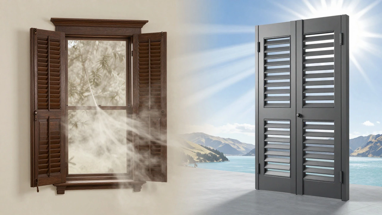 Artistic comparison of vintage dark shutters vs modern grey window coverings