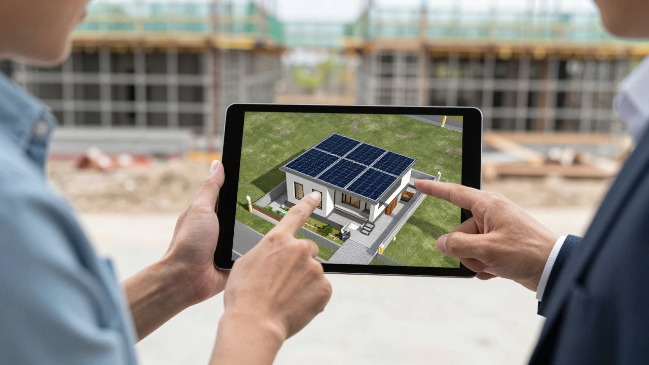 Client and architect reviewing 3D building model on tablet together