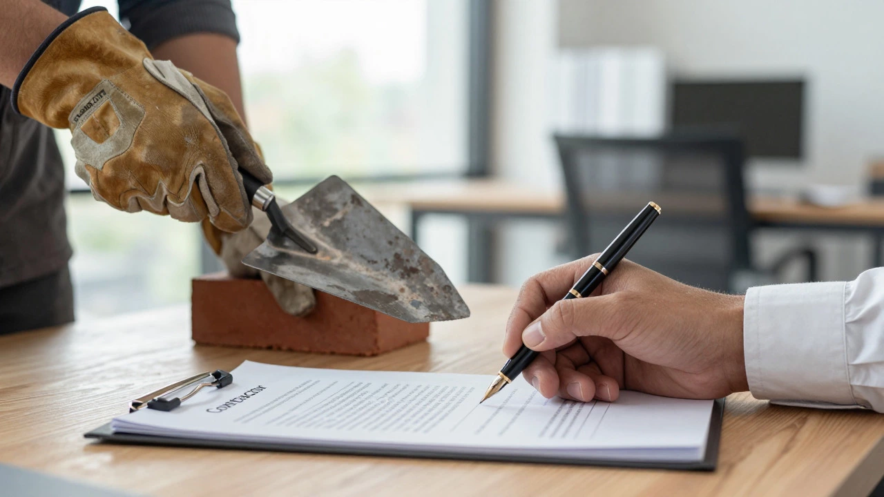 Close-up of a work glove holding a trowel next to a hand with a pen signing a contract
