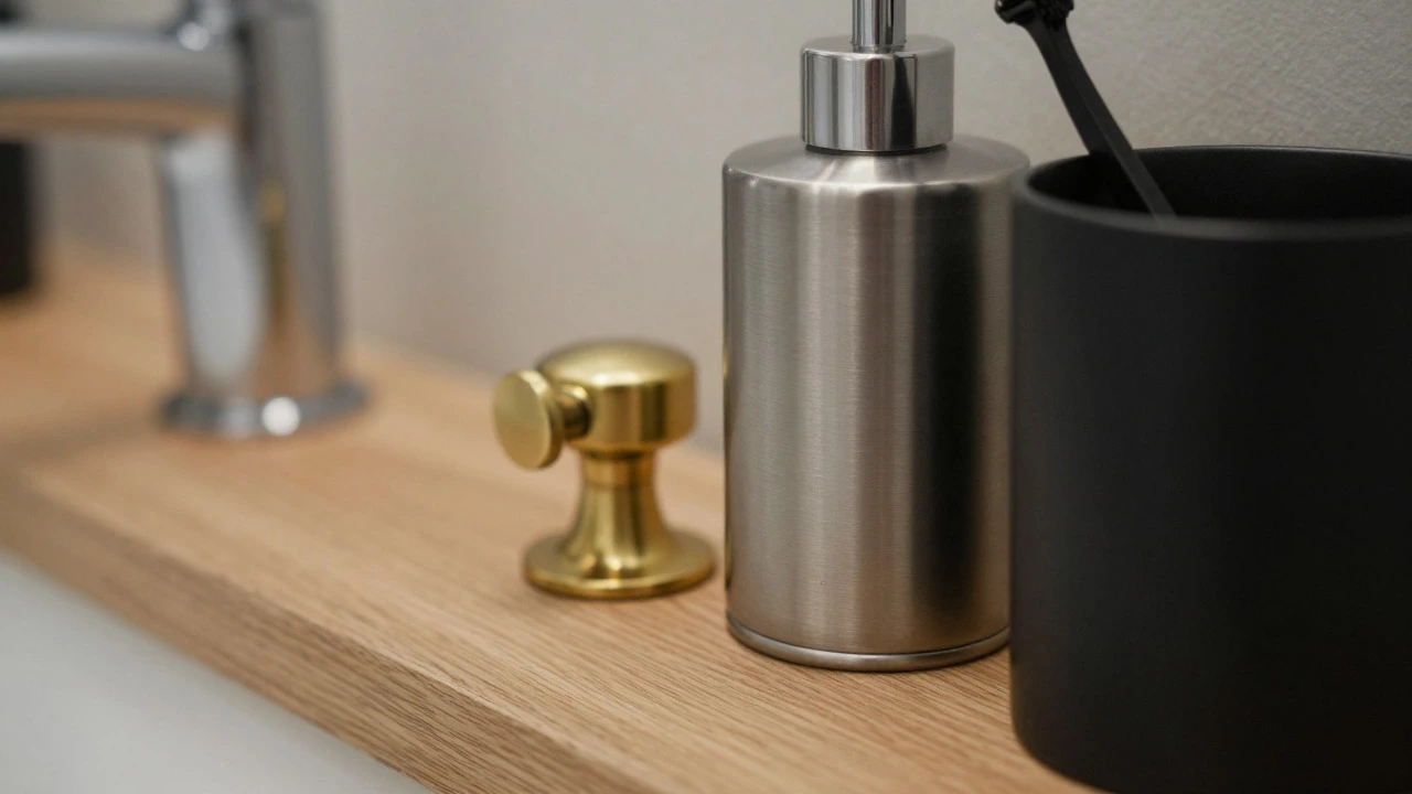 Close up of mixed brass, nickel, and black metal accessories on wood