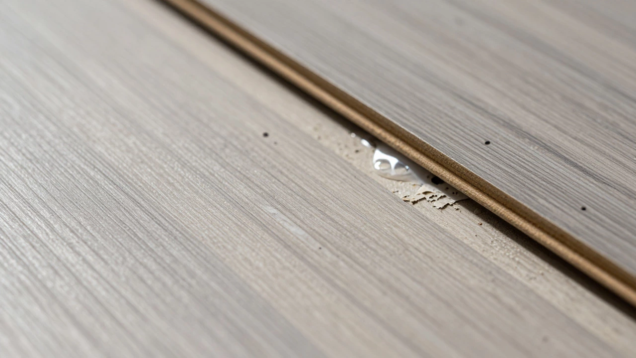 Close-up of scratched and bubbled vinyl flooring showing wear and moisture damage