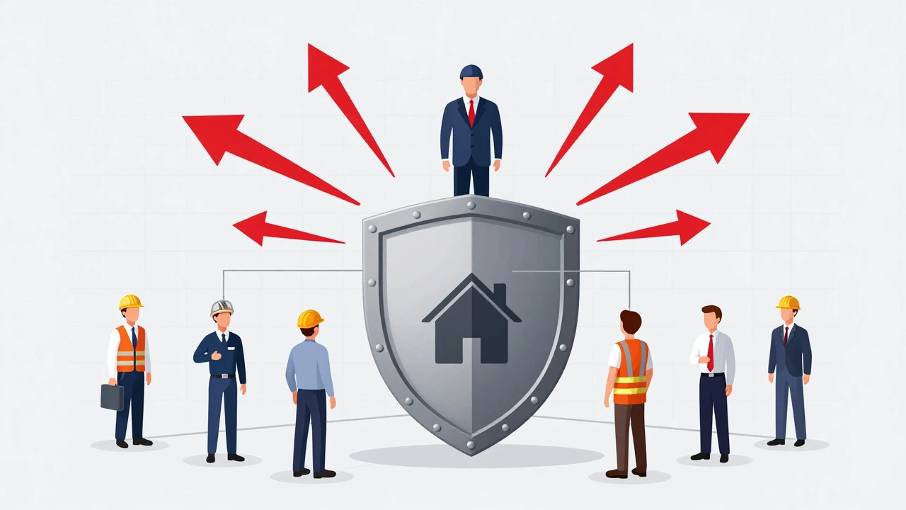 Conceptual diagram showing a general contractor shielding a house from risks via subcontractors