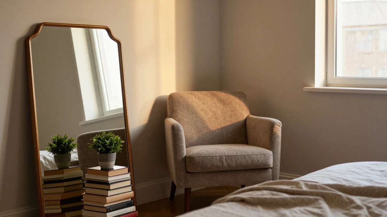 Cozy reading nook with armchair, mirror, and books by window