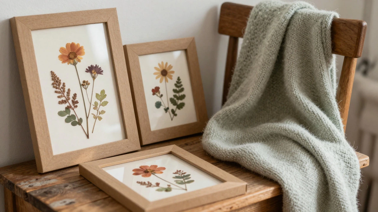 DIY framed pressed flowers and folded sweater on wooden table