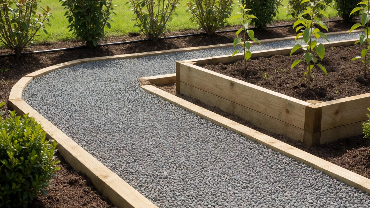 DIY gravel path with timber edges and raised beds