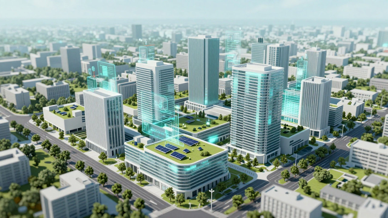 Futuristic smart city building with holographic data overlays and green tech