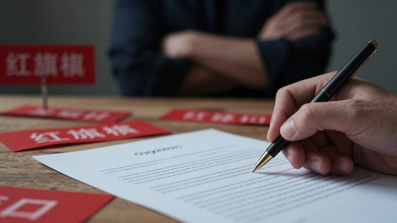 Hand signing a vague contract with red flag symbols in the background