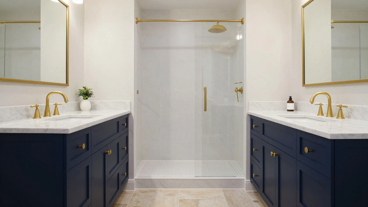 Luxury bathroom with navy vanity and matching gold fixtures