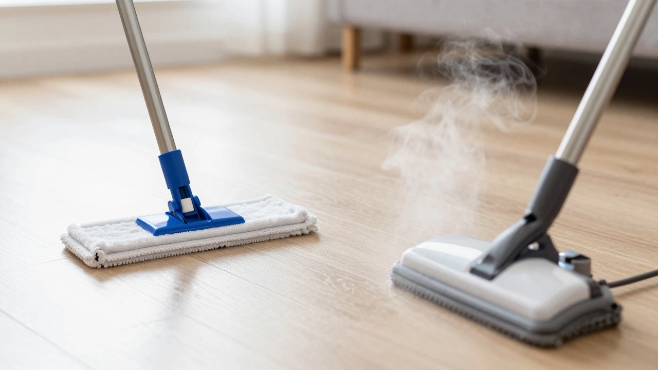 Microfiber mop cleaning vinyl floor versus damaging steam mop concept