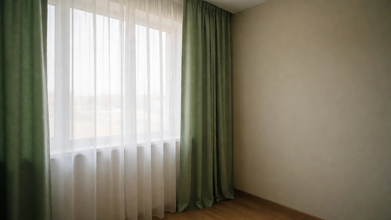 Minimalist bedroom with layered sheer and sage green curtains filtering morning light