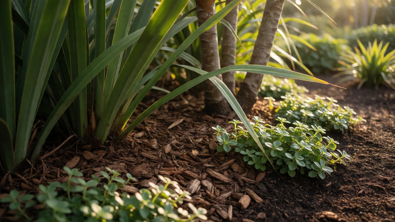 Native NZ plants and mulch close-up in sunlight