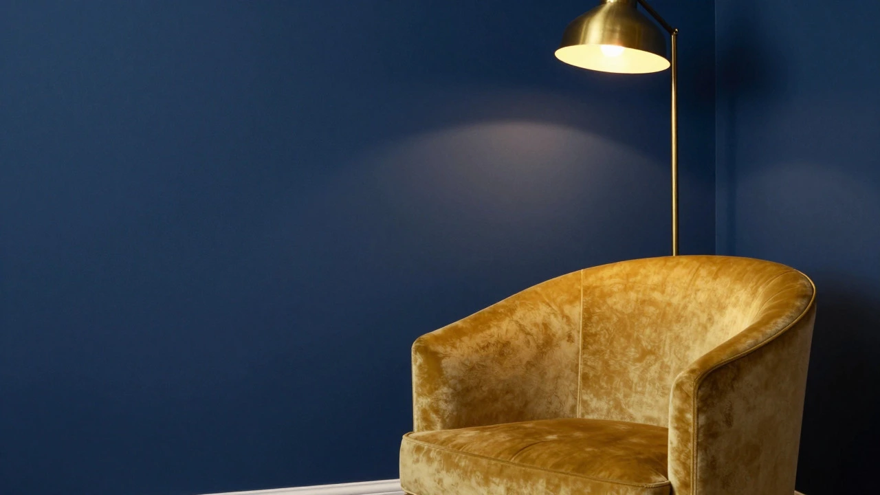 Navy blue wall with mustard armchair and brass lamp
