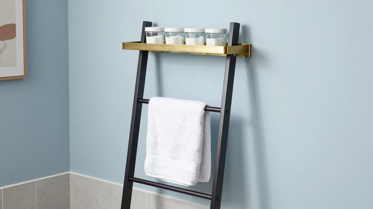 Open brass shelves with glass jars and a matte black towel rack in a minimalist bathroom