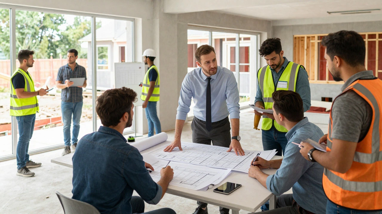 Project manager coordinating with multiple subcontractors at a construction site