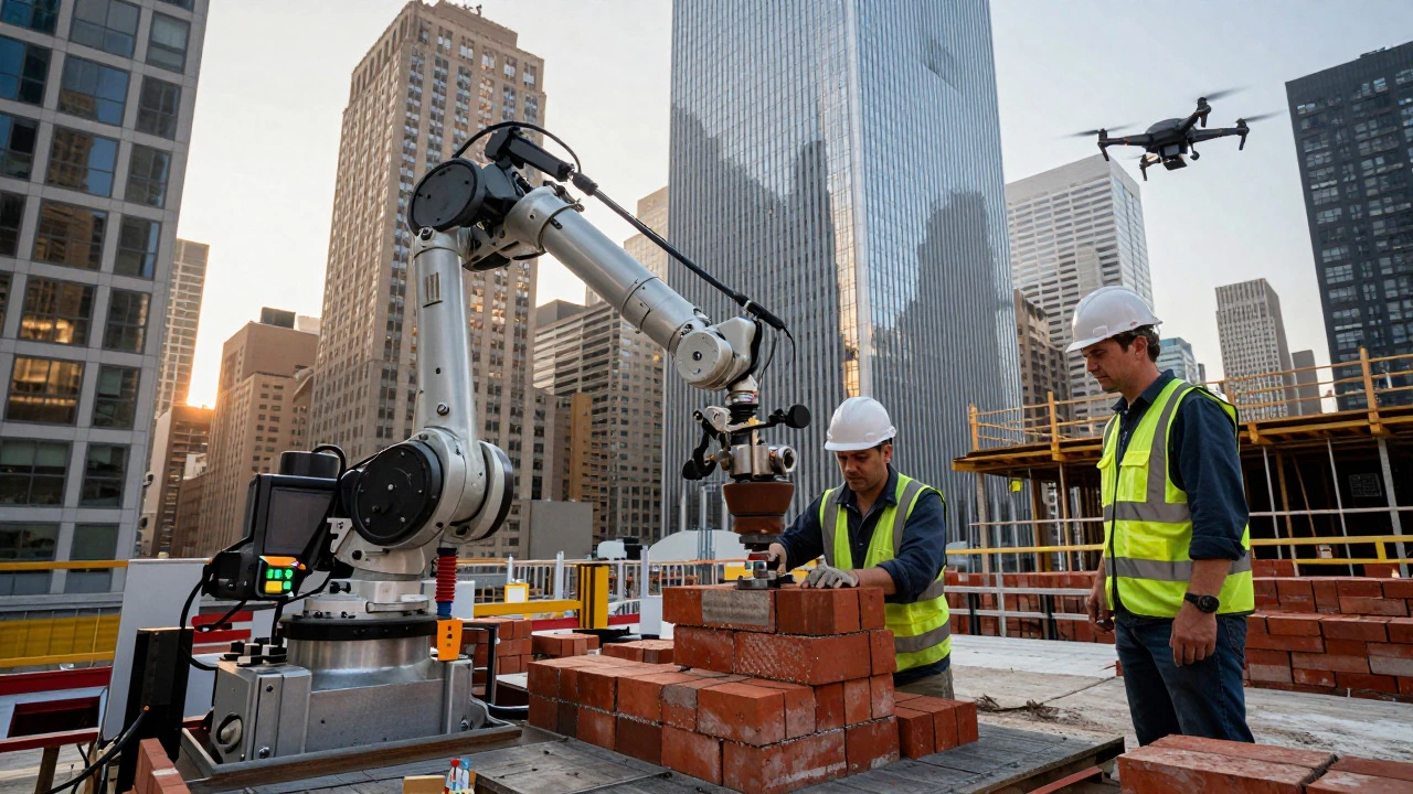 Robotic arm and engineers working on a high-rise construction site