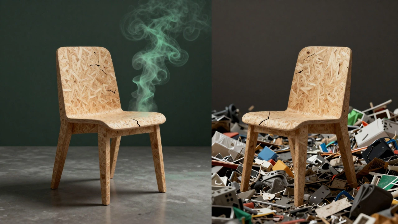 Split image showing cheap toxic furniture vs landfill waste representing greenwashing