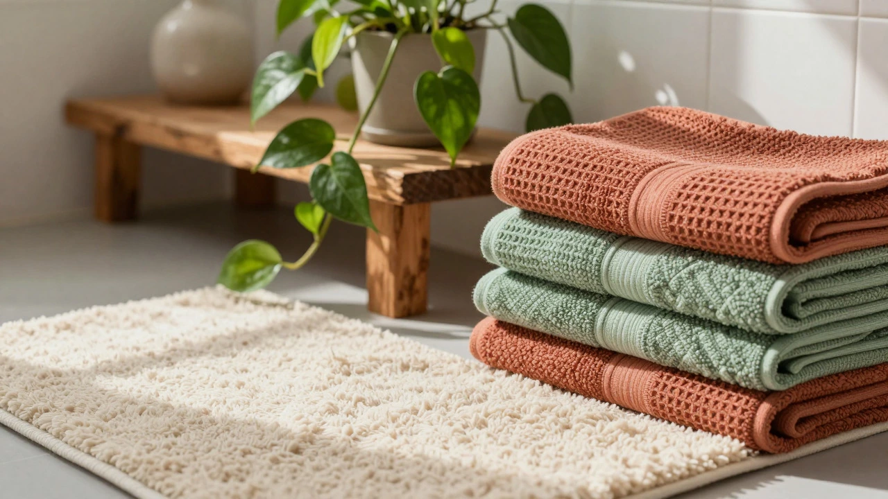 Stacked textured towels in sage and terracotta beside a wooden shelf with a pothos plant