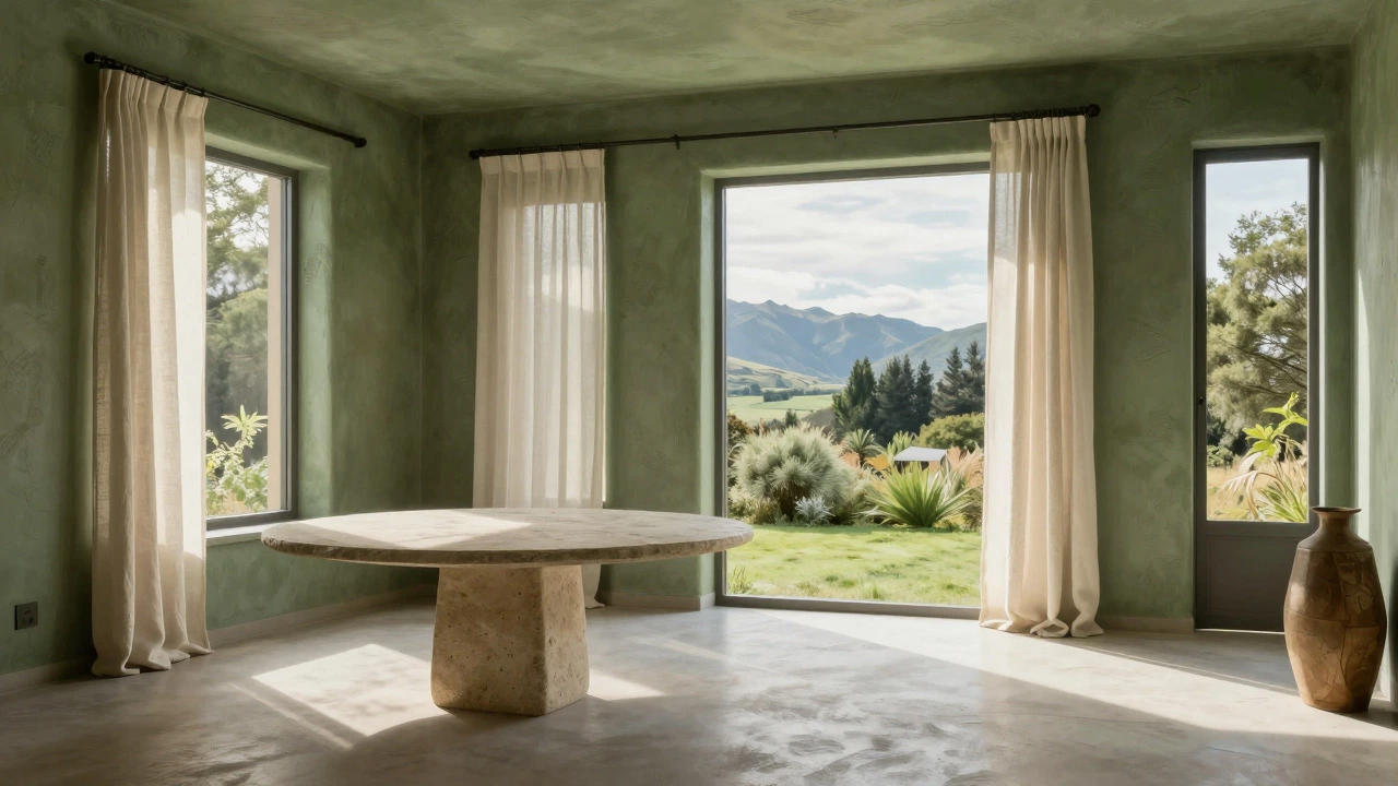 Sunlit room with olive green textured walls and stone furniture