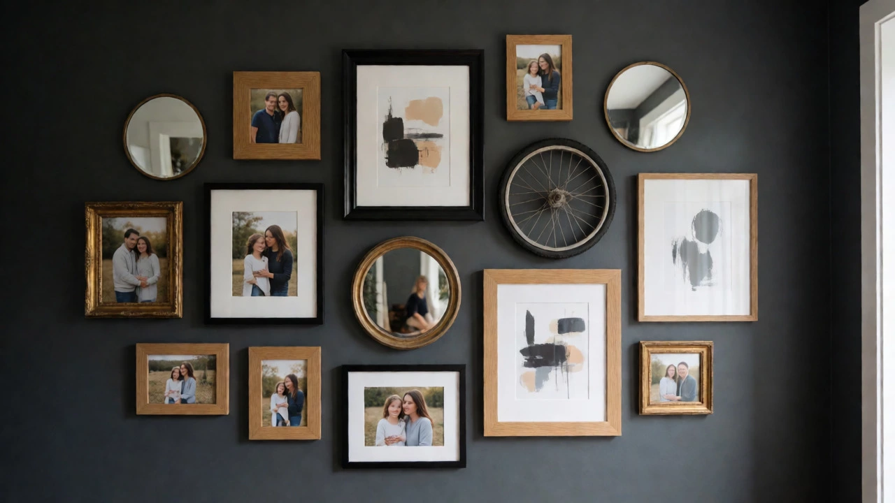 Asymmetric gallery wall with mixed frames, mirrors, and a vintage bicycle wheel on a dark gray background.