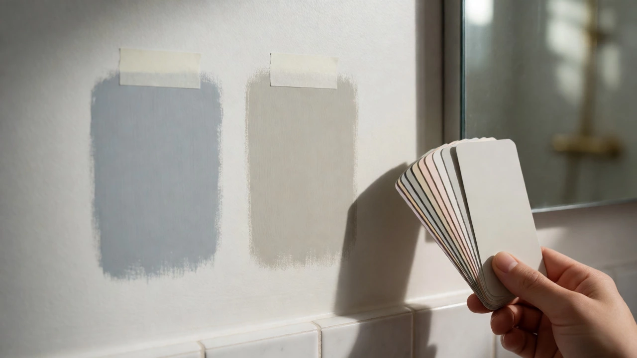 Comparison of cool grey vs warm greige paint swatches under different lights