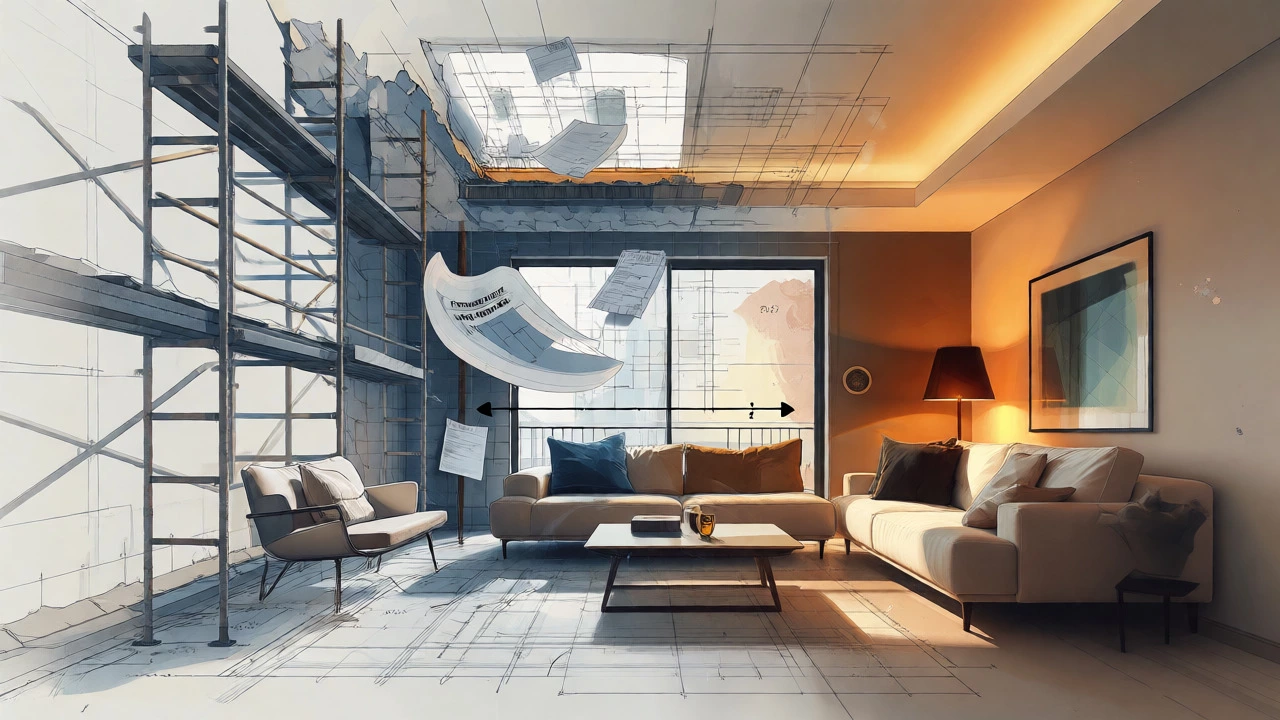 Conceptual art showing transition from construction blueprints to finished home