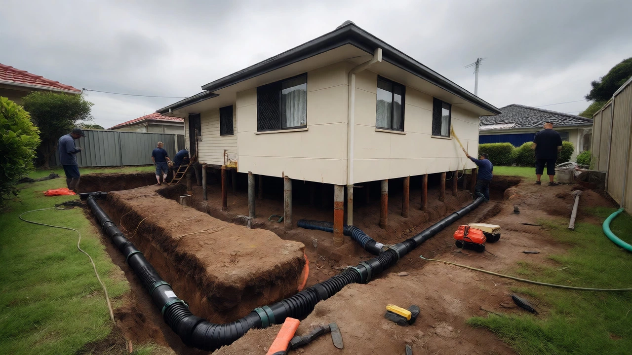 Contractors installing steel piers and drainage systems at a home's foundation.