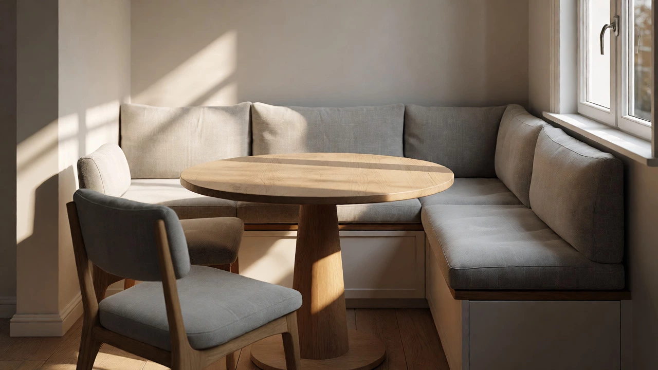 Cozy corner banquette seating with a round pedestal table in a small dining nook