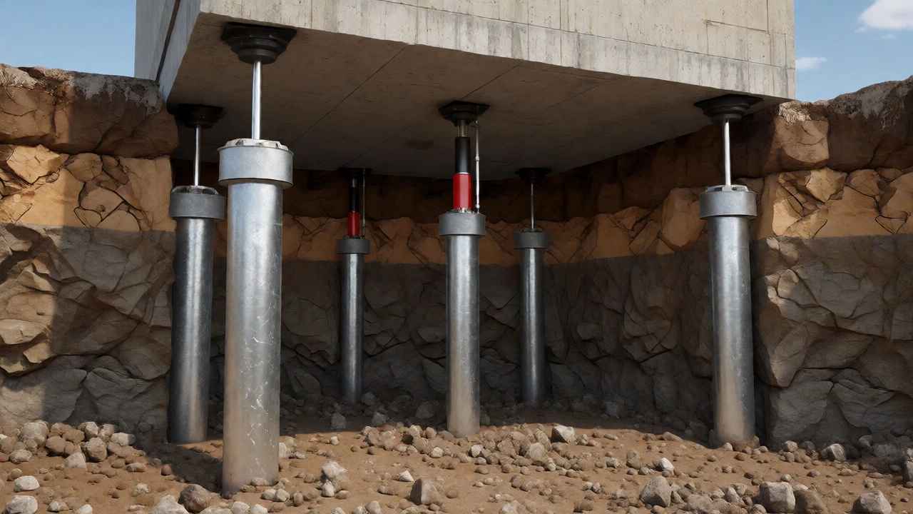 Cutaway view of steel piers supporting a house foundation in clay soil.