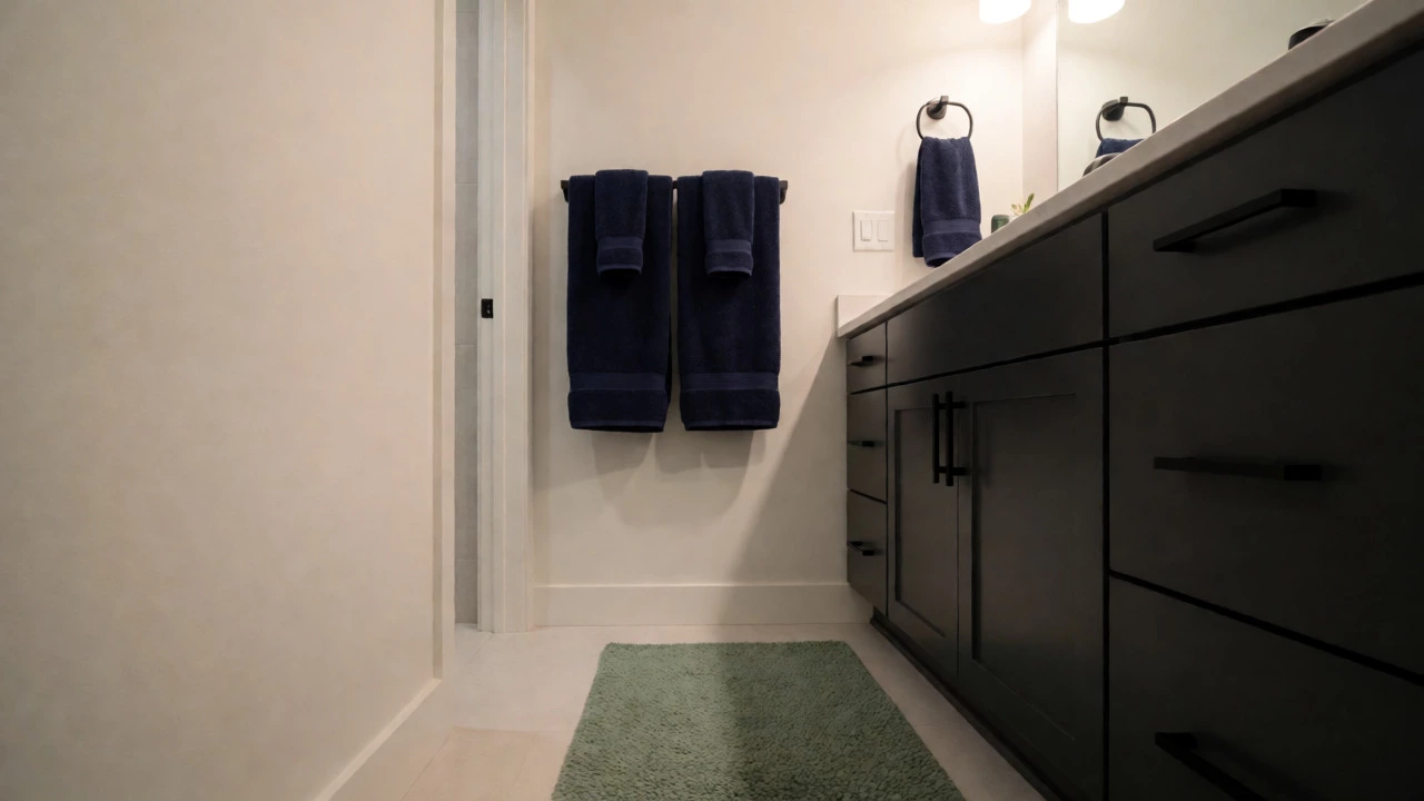 Dark charcoal vanity with navy towels and sage rug in light-walled bathroom