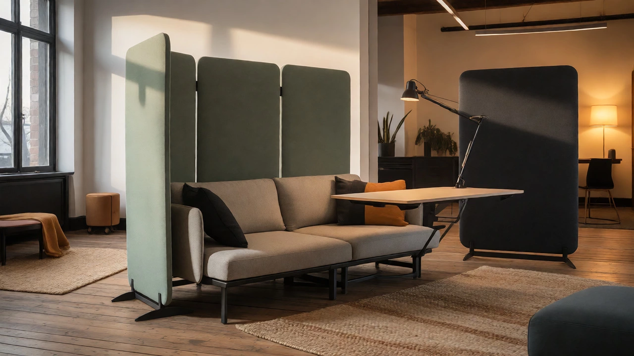 Flexible living area with modular furniture transforming from lounge to workspace.
