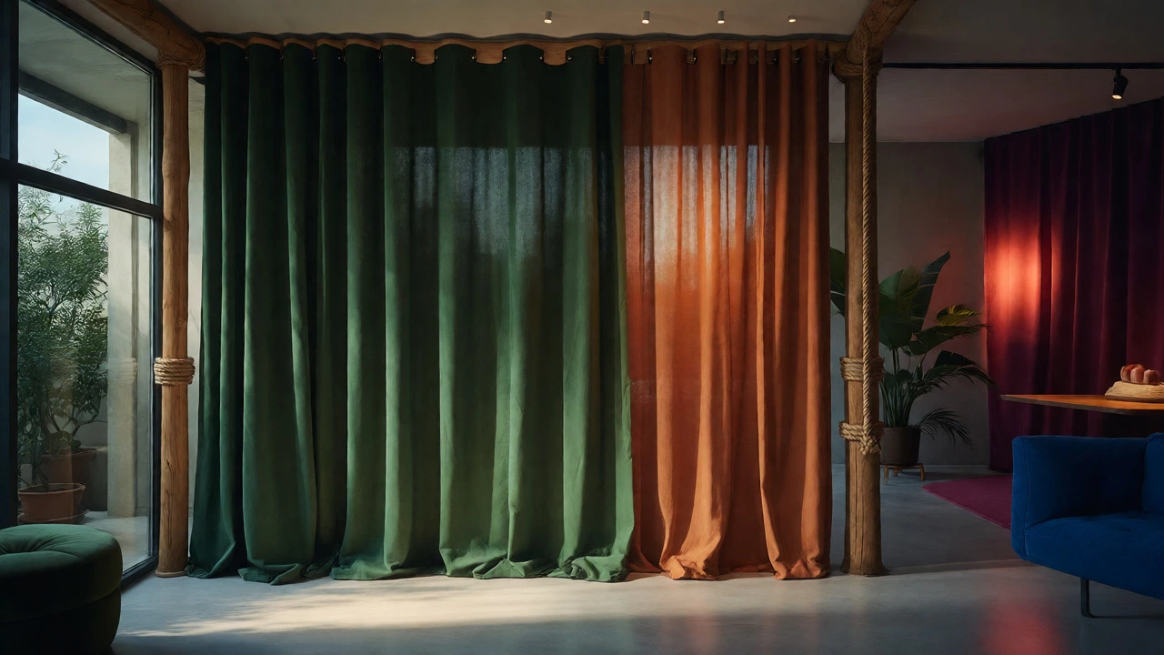 Floor-length forest green drapes with wooden rods in dining room